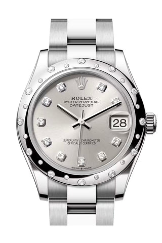 Rolex 278344RBR Datejust 31 Silver Diamond Dial Dome Diamond Bezel White Gold Oyster Bracelet
