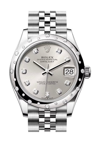 Rolex 278344RBR Datejust 31 Silver Diamond Dial Dome Diamond Bezel White Gold Jubilee Bracelet