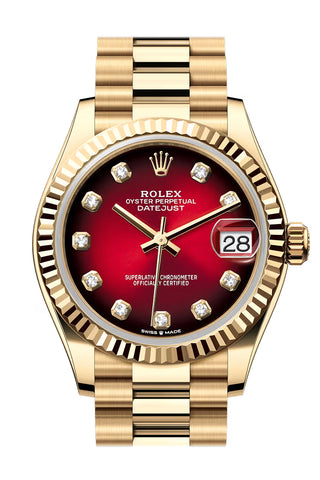 Rolex Datejust 31 Red Ombre Diamond Dial Fluted Bezel Yellow Gold Ladies Watch 278278 278278-0049