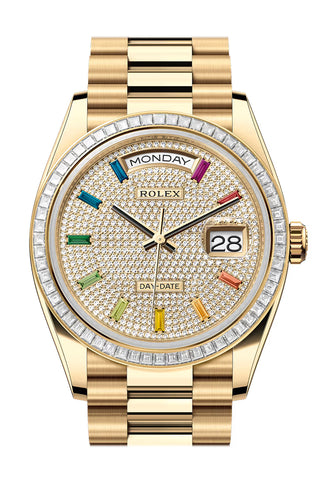 Rolex 128398TBR-0012 Day-Date 36 RAINBOW PAVE Dial BAGUETTE Bezel YELLOW GOLD PRESIDENT Bracelet