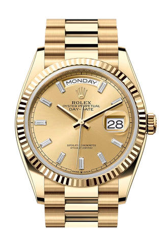 Rolex 128238-0132 Day-Date 36 CHAMPAGNE BAGUETTE Dial FLUTED Bezel YELLOW GOLD PRESIDENT Bracelet