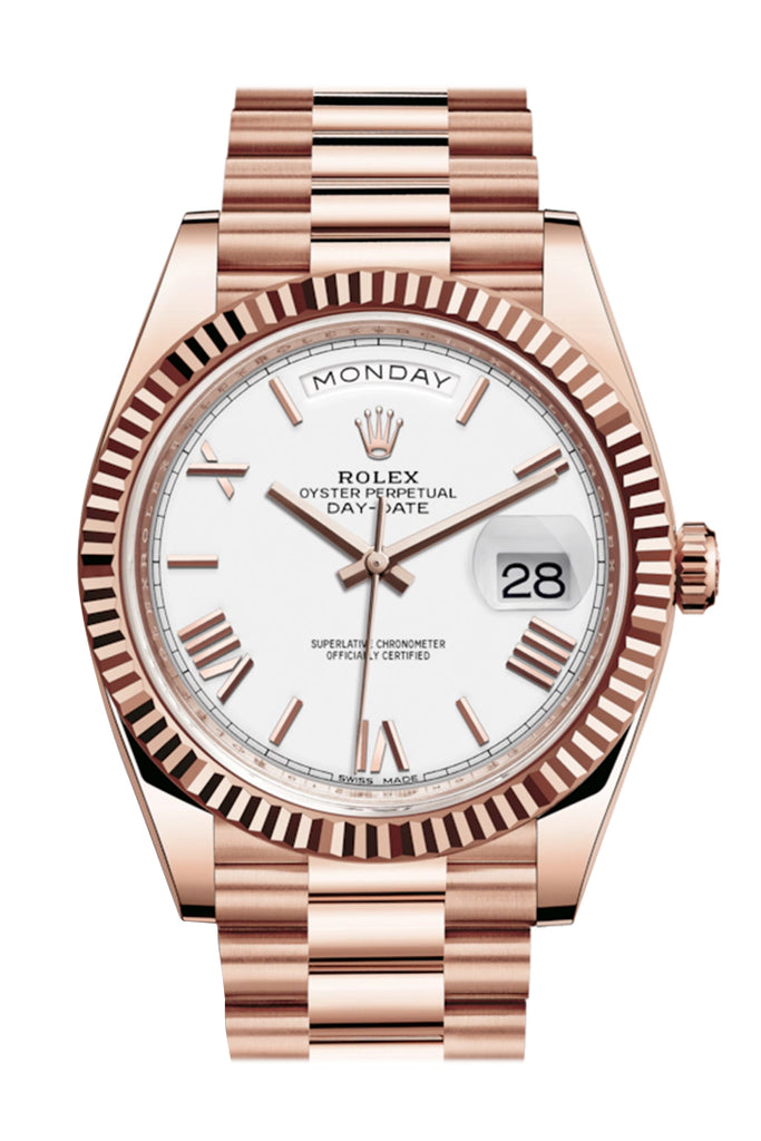 Rolex Day-Date 40 White Roman Dial Fluted Bezel 18K Everose gold President Automatic Men's Watch 228235