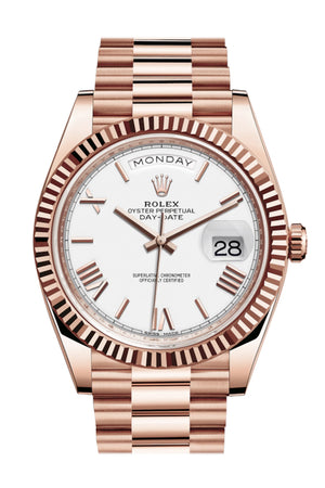 Rolex Day-Date 40 White Roman Dial Fluted Bezel 18K Everose gold President Automatic Men's Watch 228235