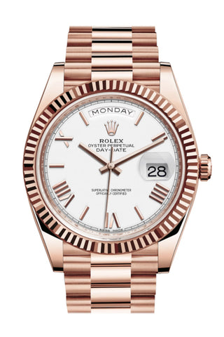 Rolex Day-Date 40 White Roman Dial Fluted Bezel 18K Everose Gold President Automatic Men’s Watch
