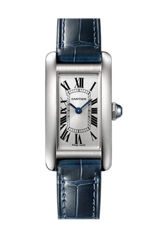 Cartier Tank Americaine Silver Dial Navy Leather Ladies Watch