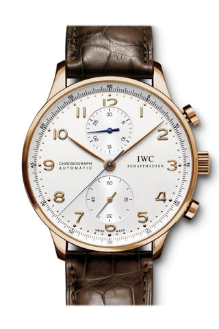 Iwc Portuguese Silver Dial Chronograph Rose Gold Leather Automatic Mens Watch Iw371480