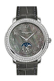 Patek Philippe Complications Black Mother of Pearl Dial Diamond Bezel 18kt White Gold Leather 33mm Ladies Watch 4968G-001