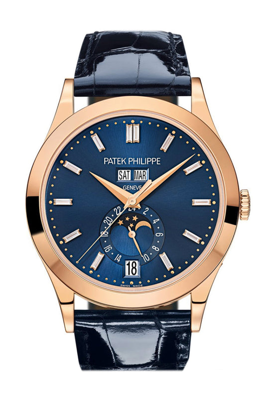 Patek Philippe Complications Blue Diamond Dial Annual Calendar Moon Phases Rose Gold 5396R 015