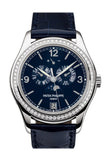 Patek Philippe Complications Annual Calendar Blue Dial 18kt White Gold Diamond Blue Leather Men's Watch 5147G-001