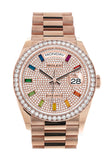 Rolex Day-Date 36 Everose Diamond Bezel  Diamond Paved Rainbow Sapphire Dial President Bracelet Watch 128345RBR