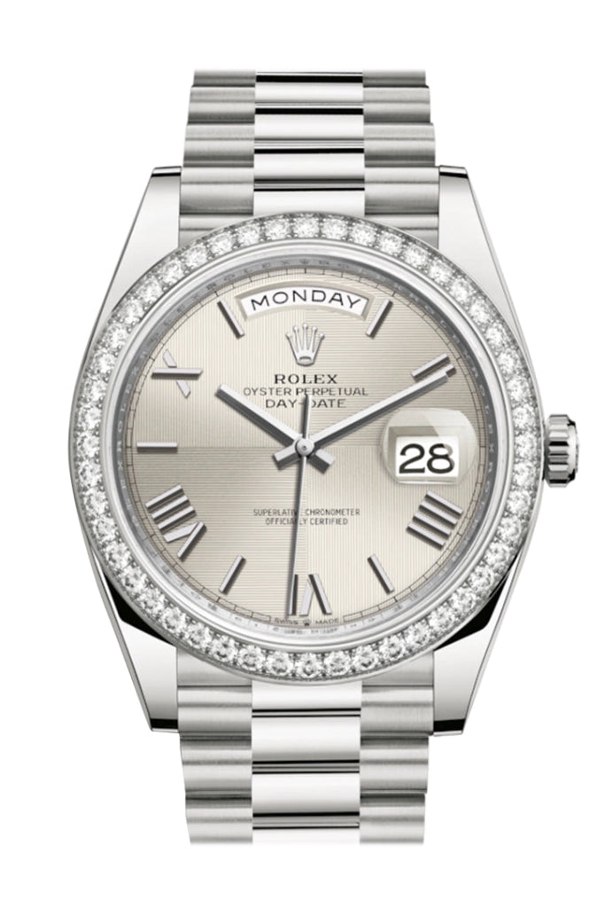 ROLEX 228349RBR Day Date 40 Silver Roman Dial 18k White Gold