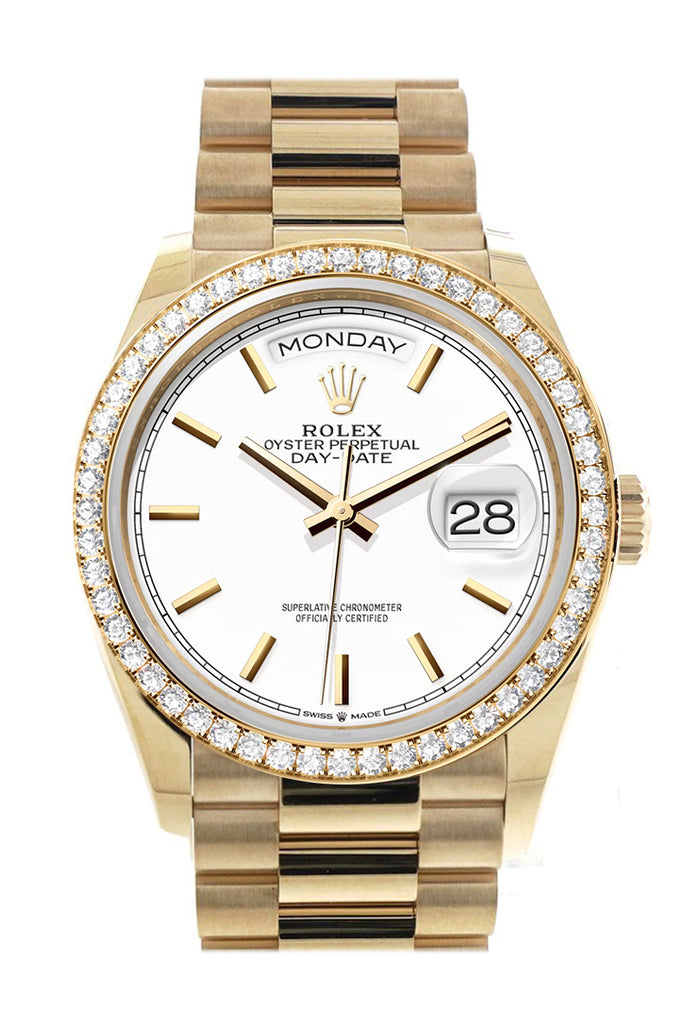 Rolex Day-Date 36 White Dial Gold Diamond Bezel Watch 128348RBR-0047 128348RBR