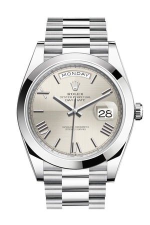 Rolex Day-Date 40 Silver Quadrant Motif Roman Dial Dome Bezel Platinum President Automatic Men's Watch 228206