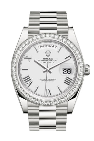 Rolex Day-Date 40 White Roman Dial Diamond Bezel White Gold President Automatic Men's Watch 228349RBR 228349
