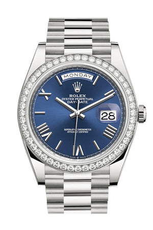 Rolex Day-Date 40 Blue Roman Dial Diamond Bezel White Gold President Automatic Men's Watch 228349RBR 228349