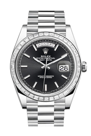 Rolex Day-Date 40 Black Dial 40 Baguette Diamond Bezel Platinum President Automatic Men's Watch 228396TBR 228396