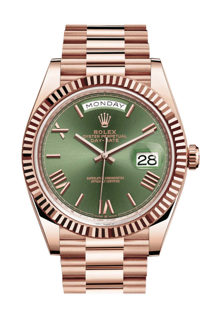 Rolex Day-Date 40 Olive Green Roman Dial Fluted Bezel 18K Everose gold President Automatic Men's Watch 228235