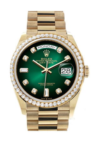 Rolex Day-Date 36 Green Ombré Dial Gold Diamond Bezel Watch 128348RBR-0035 128348RBR