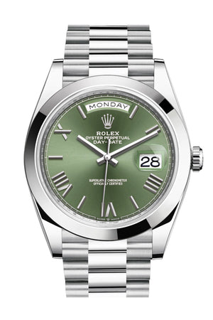 Rolex Day-Date 40 Olive Green Roman Dial Dome Bezel Platinum President Automatic Men's Watch 228206