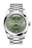 Rolex Day-Date 40 Olive Green Roman Dial Dome Bezel Platinum President Automatic Men's Watch 228206