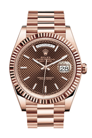 ROLEX 228235 Day Date 40 Chocolate Diagonal Motif Rose Gold WatchGuyNYC