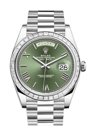 Rolex Day-Date 40 Olive Green Roman Dial 40 Baguette Diamond Bezel Platinum President Automatic Men's Watch 228396TBR 228396