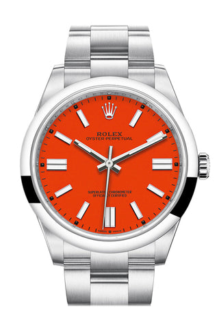 Rolex Oyster Perpetual 41 Coral Red Dial Oyster Bracelet Watch 124300 WatchGuyNYC
