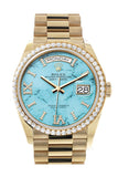 Rolex Day-Date 36 Turquoise Dial Gold Diamond Bezel Watch 128348RBR-0037 128348RBR