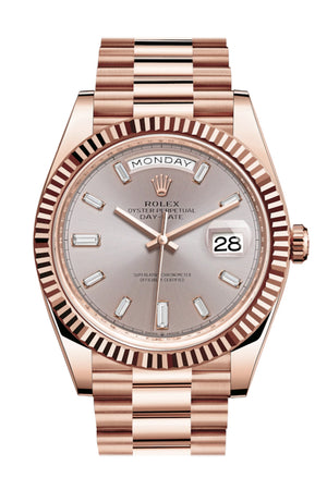Rolex Day-Date 40 Sundust 10 Baguette-cut Fluted Dial Diamond Bezel 18K Everose gold President Automatic Men's Watch 228235