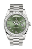 Rolex Day-Date 40 Olive Green Roman Dial Diamond Bezel White Gold President Automatic Men's Watch 228349RBR 228349