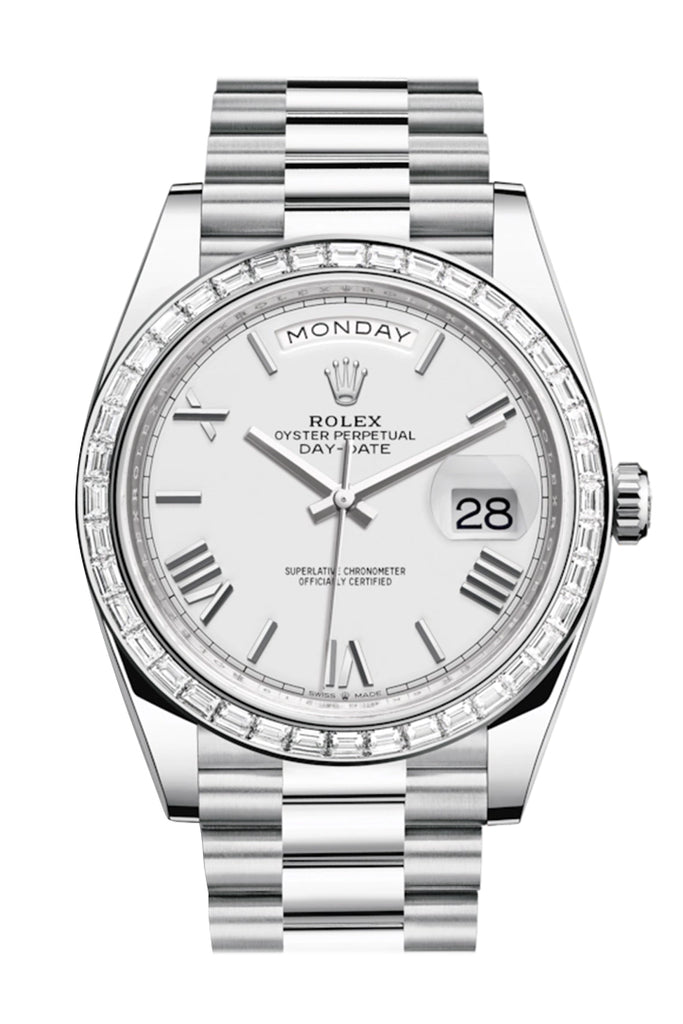 Rolex Day-Date 40 White Roman Dial 40 Baguette Diamond Bezel Platinum President Automatic Men's Watch 228396TBR 228396