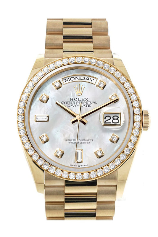 Rolex Day-Date 36 Mother of Pearl Dial Gold Diamond Bezel Watch 128348RBR-0017 128348RBR