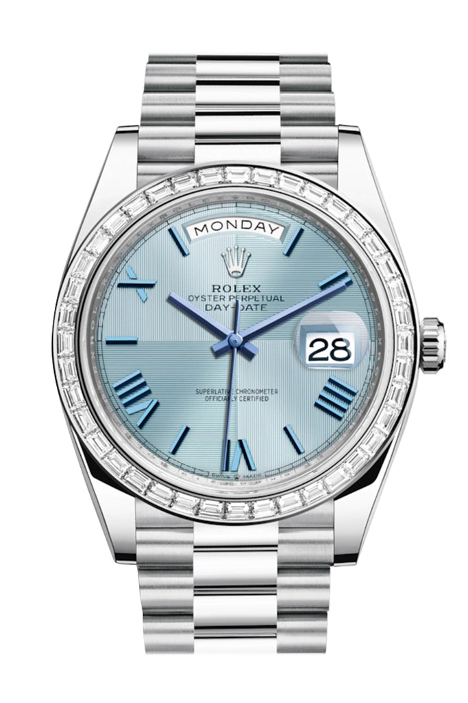 Rolex Day-Date 40 Ice Blue Quadrant Motif Dial 40 Baguette Diamond Bezel Platinum President Automatic Men's Watch 228396TBR 228396