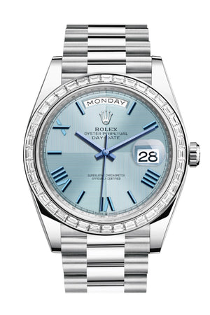 Rolex Day-Date 40 Ice Blue Quadrant Motif Dial 40 Baguette Diamond Bezel Platinum President Automatic Men's Watch 228396TBR 228396