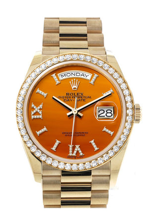 Rolex Day-Date 36 Carnelian Dial Gold Diamond Bezel Watch 128348RBR-0049 128348RBR
