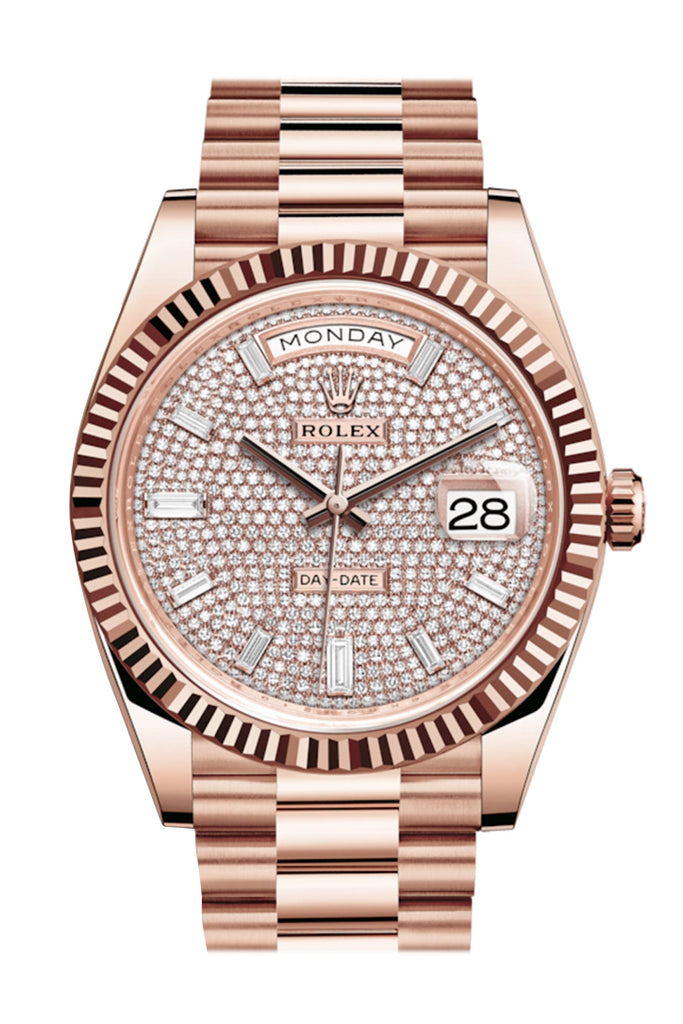 Rolex Day-Date 40 Pave Diamond 10 Baguette-cut Fluted Dial Diamond Bezel 18K Everose gold President Automatic Men's Watch 228235