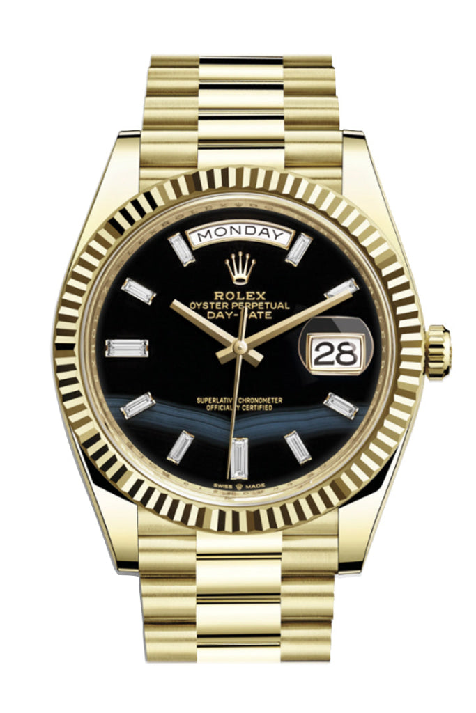 ROLEX 228238 Day Date 40 Onyx 10 Baguette Diamond Gold WatchGuyNYC