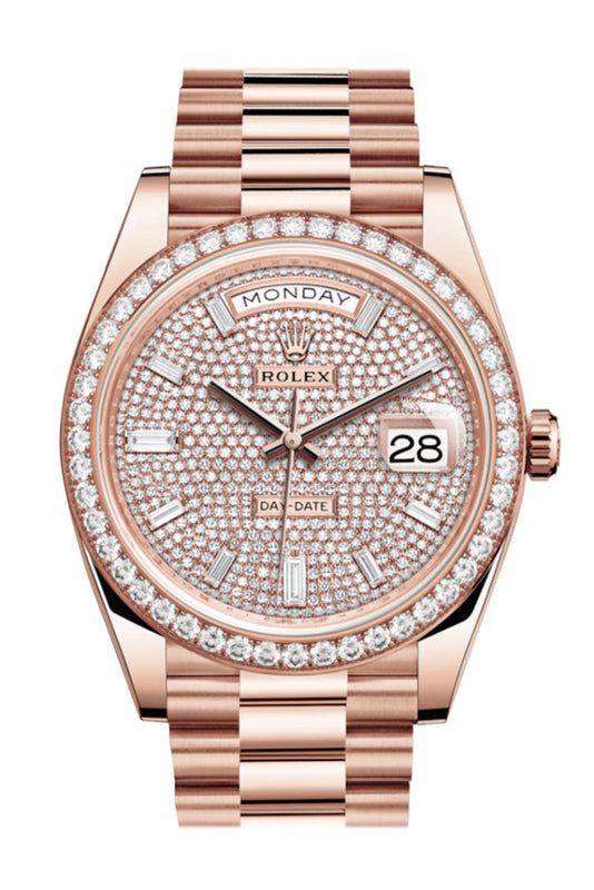 ROLEX 228345RBR Day-Date 40 Chocolate 10 Baguette-cut Diamonds Dial Bezel 18K gold President Men's Watch 228345RBR Dial Diamond Bezel President | WatchGuyNYC