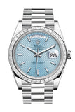 Rolex Day-Date 40 Ice Blue Diagonal Motif Roman Dial 40 Baguette Diamond Bezel Platinum President Automatic Men's Watch 228396TBR 228396