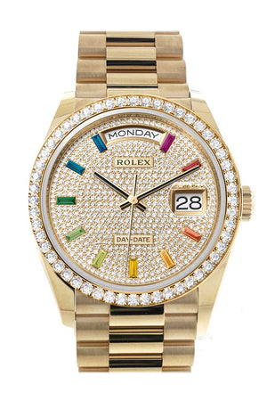 Rolex Day-Date 36 Paved Rainbow Sapphire Dial Gold Diamond Bezel Diamond President Watch 128348RBR-0030 128348RBR