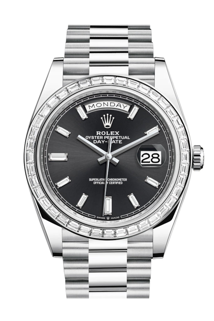 Rolex Day-Date 40 Black Baguette Diamond Dial 40 Baguette Diamond Bezel Platinum President Automatic Men's Watch 228396TBR 228396
