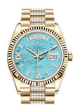 ROLEX Day-Date 36 Turquoise Dial 18K Yellow Gold Watch Diamond set president Bracelet 128238