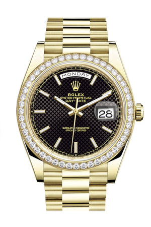 Rolex Day-Date 40 Black Motif Dial Diamond Bezel 18K Yellow Gold President Men's Watch 228348RBR 228348