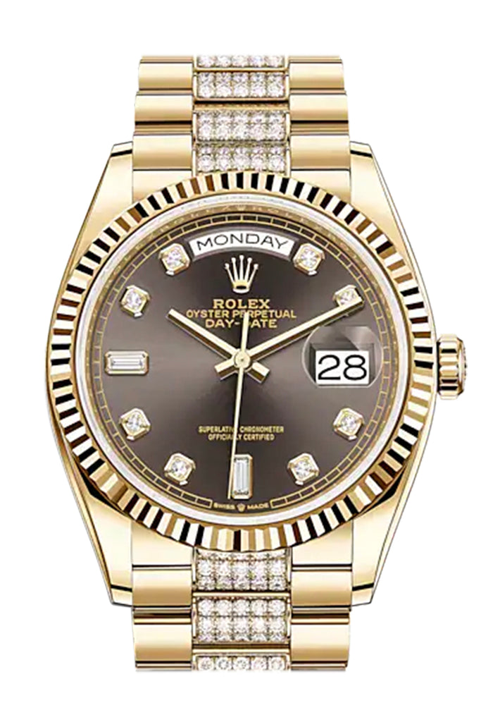 ROLEX Day-Date 36 Dark Grey Dial 18K Yellow Gold Watch Diamond set president Bracelet 128238