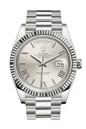 Rolex Day-Date 40 Silver Roman Dial Fluted Bezel White Gold President Automatic Men's Watch 228239
