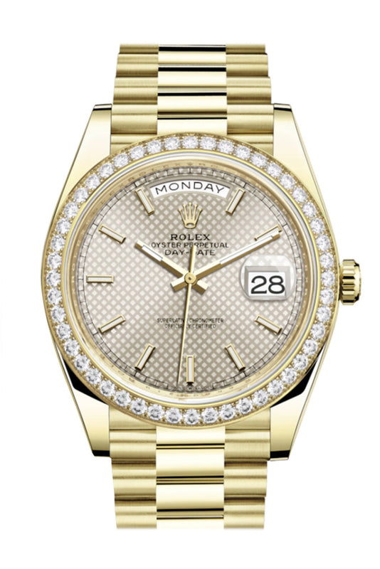 Rolex Day-Date 40 Silver Motif Dial Diamond Bezel 18K Yellow Gold President Men's Watch 228348RBR 228348