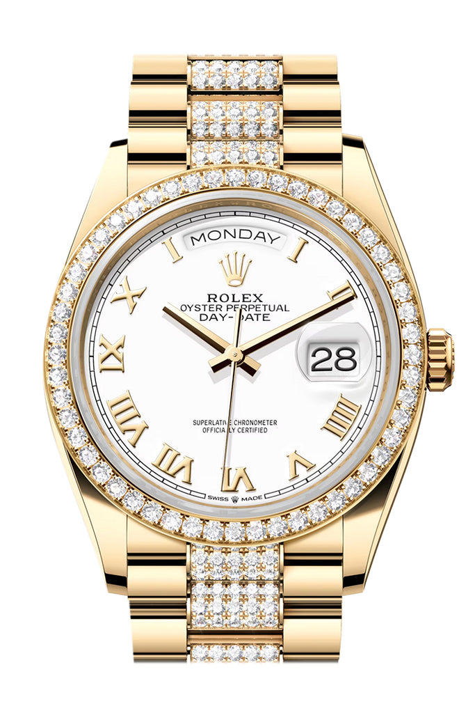 Rolex Day-Date 36 White Roman Dial Gold Diamond Bezel Watch 128348RBR-0043 128348RBR