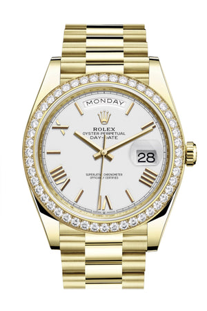 Rolex Day-Date 40 White Roman Dial Diamond Bezel 18K Yellow Gold President Automatic Men's Watch 228348