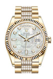 ROLEX Day-Date 36 White Mother-of-Pearl Diamond Dial 18K Yellow Gold Watch Diamond set president Bracelet 128238