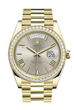 Rolex Day-Date 40 Silver Roman Dial Diamond Bezel 18K Yellow Gold President Automatic Men's Watch 228348
